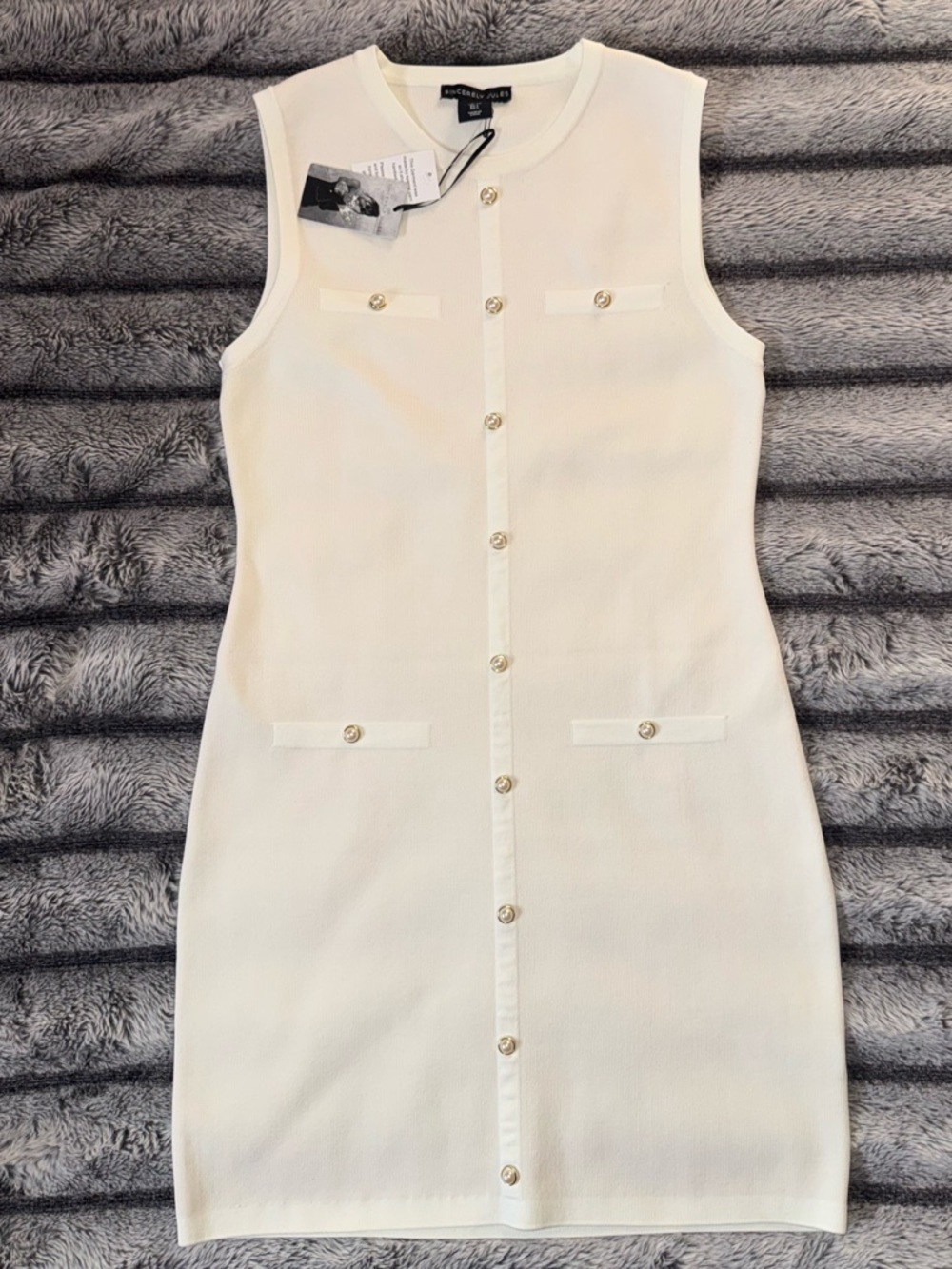 NWT Stretchy Knit Mini Dress Cream W/ Gold Tone Buttons